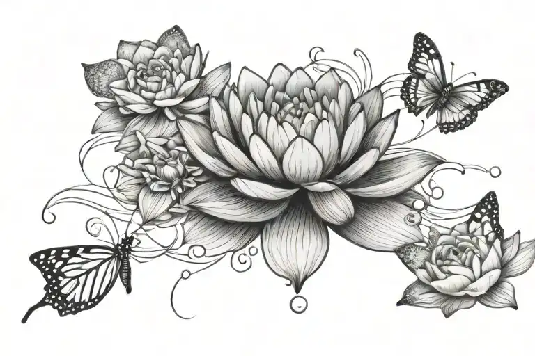 1 water lily between 2 rose with butterflies fluttering tattoo design idea