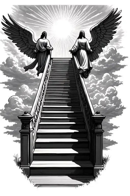 stairway to heaven walking up stairs angels sun rays clouds heaven gate at the top of the stairs  tattoo design idea