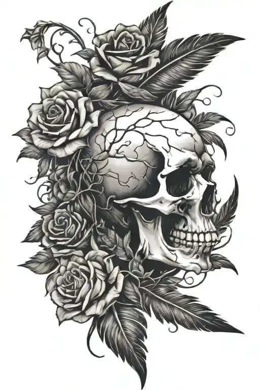 Skull surounded with roses budding and indin feather's behind the skull long ways tattoo design idea
