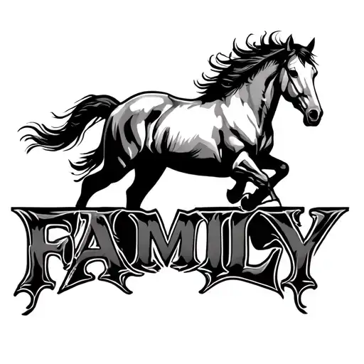 silhoutte of a horse fiercely running left to right inbetween large gothic letters that spell out FAMILY tattoo design idea