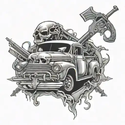 skulls, cars with wrenches crossed rifles tattoo design idea