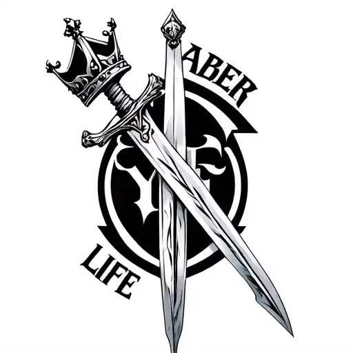 sword with crown on top stuck in a word ONE LIFE WITH TEXT "XABIER" tattoo design idea