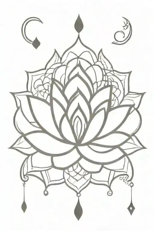 lotus flower, below evil eye with half moon below, below a hand of fatima with a heart, below aquarius sign tattoo design idea