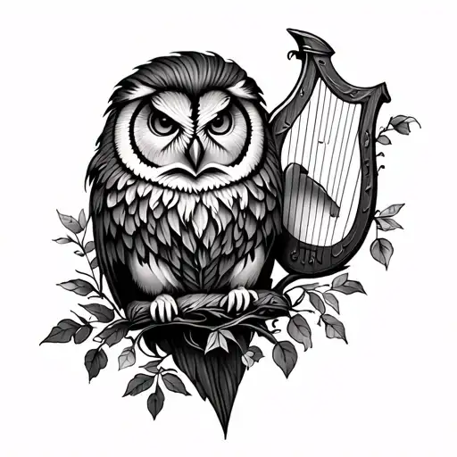 an owl, lion, lyre and seedling tattoo design idea