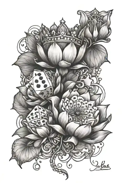 2 dice, 1 fallen crown, 1 lotus flower tattoo tattoo design idea