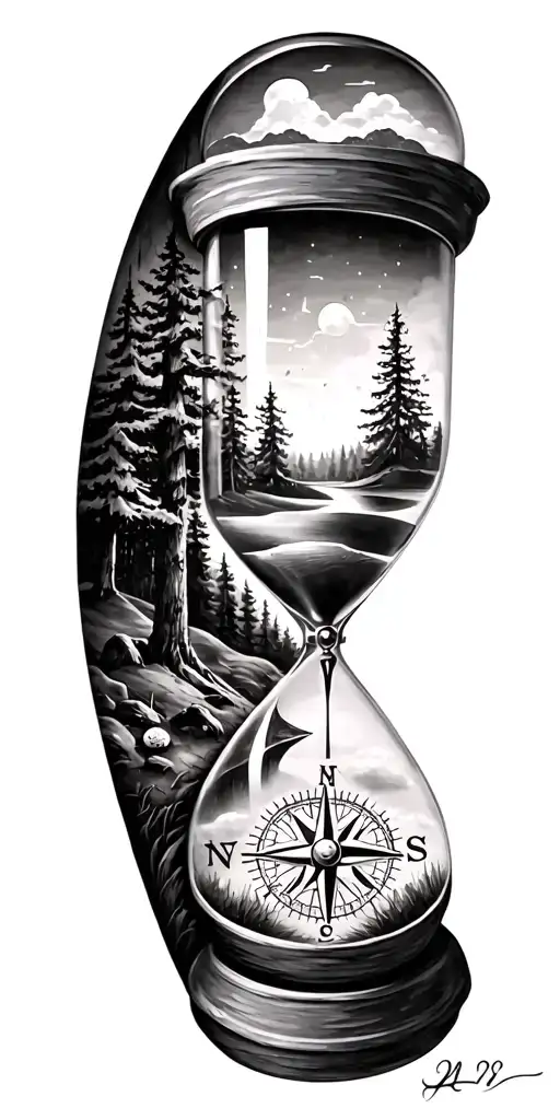 family and forest and hour glass and compass golf course tattoo design idea