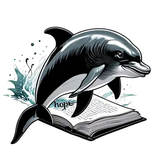 open book with dolphin leaping out of it and the word "hope" tattoo design idea