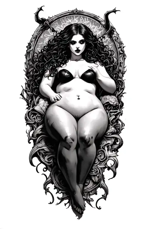 chubby nude white  girl laying down vampire tattoo design idea