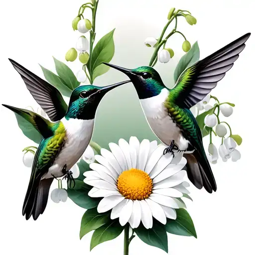 2 hummingbirds around lily of the valley and  daisy tattoo design idea