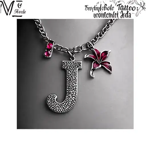 charm bracelet with letter J and lily flower and ruby tattoo design idea