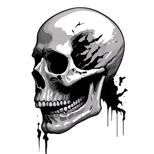 A fine-line tattoo image of a basic human skull turned to the side (profile). Broken cheek and jaw bone.  tattoo design idea