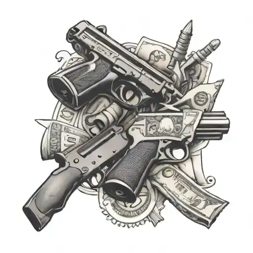 An edgy tattoo design combining elements of guns and money in a unique and artistic way, with a hidden reference to Dennis Road subtly incorporated tattoo design idea