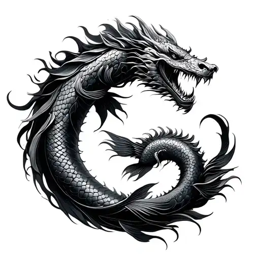 fine line tattoo representing chinese myth of koi fish becoming dragon, in a circular shape tattoo design idea