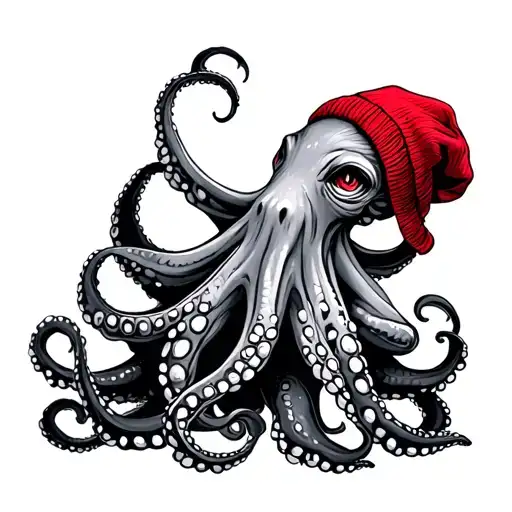 the style is like an illustration of an old book, an Octopus with 8 tentacles, a red beanie tattoo design idea