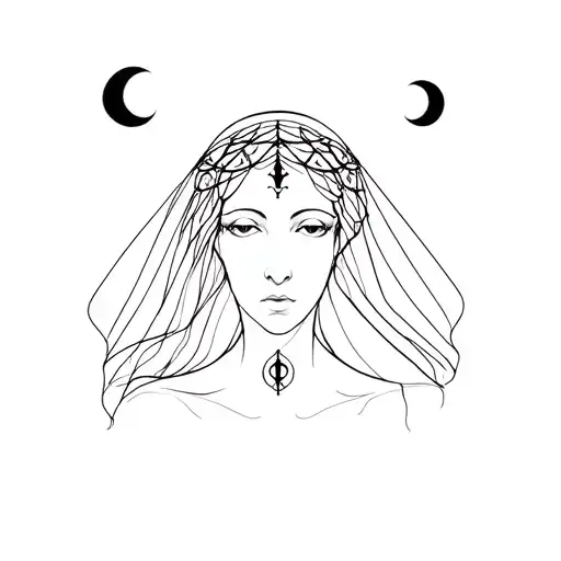 Hecate triple moon goddess portrait wearing veil tattoo design idea