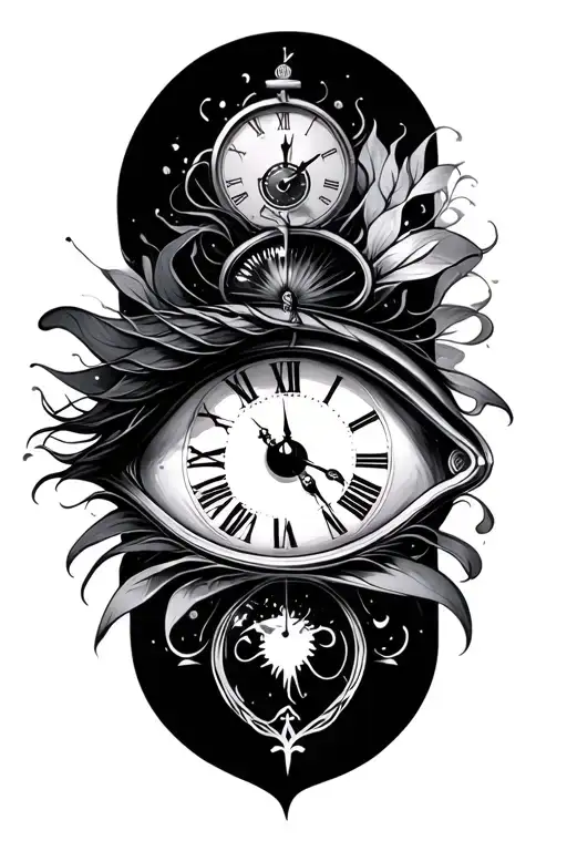 eye and clock embedded tattoo design idea