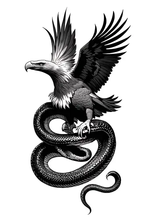 generate a traditional black-and-gray tattoo design with:	•	Eagle & Snake (Upper Arm): A bold, high-contrast battle sce tattoo design idea