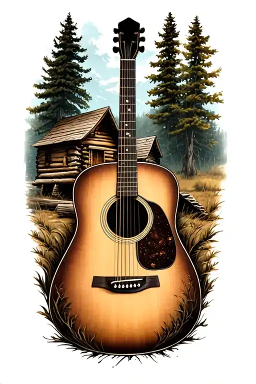 accoustic guitar surrounded by log cabin scene  tattoo design idea