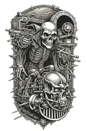 Railroad tracks circling the right side with grim reaper skull and high horsepower engines tattoo design idea