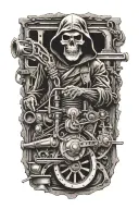 Railroad tracks circling the right side with grim reaper skull and high horsepower engines tattoo design idea