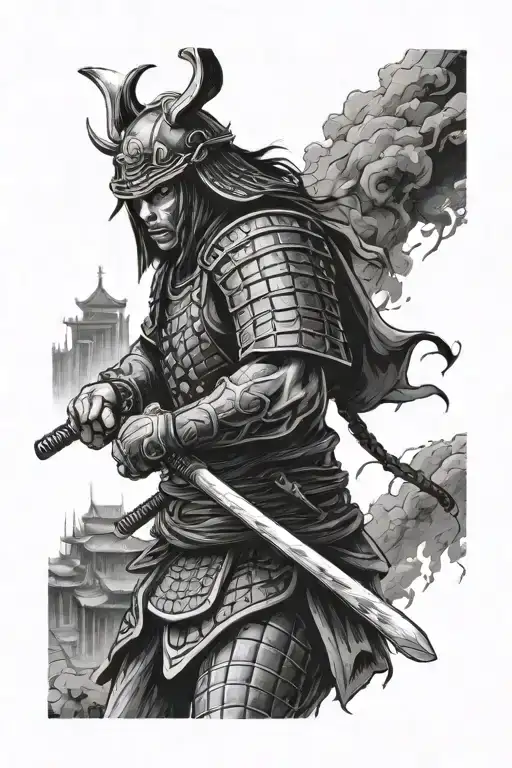 samurai warrior with building in the background black and white tattoo design idea