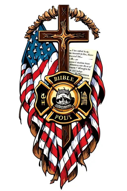 Cross, Flag, Bible Firefighter tattoo design idea