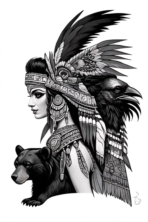 lady azteca warrior with bear and raven  tattoo design idea