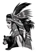 lady azteca warrior with bear and raven  tattoo design idea