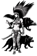 lady azteca warrior with bear and raven  tattoo design idea