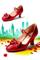 two sparkly flat red ruby shoes with bows on toe emerald city and yellow brick road in background and poppies tattoo design idea