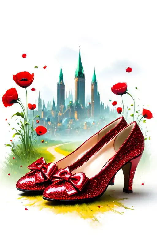 two sparkly flat red ruby shoes with bows on toe emerald city and yellow brick road in background and poppies tattoo design idea