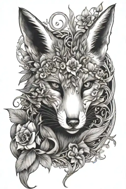 earth fox crawling covered in Belladonna and foxglove flowers, in a Gothic style white eyes  tattoo design idea