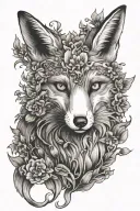 earth fox crawling covered in Belladonna and foxglove flowers, in a Gothic style white eyes  tattoo design idea