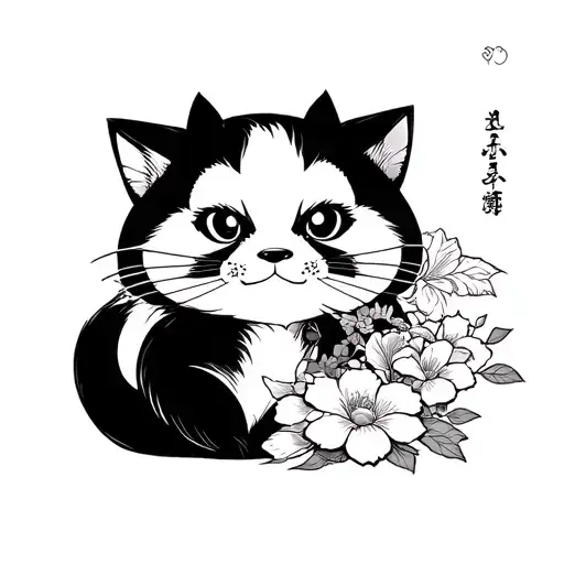 A full men leg tattoo  in the Japanese style including a bakeneko, a tanuki, a geisha, and incorporating Japanese flower tattoo design idea