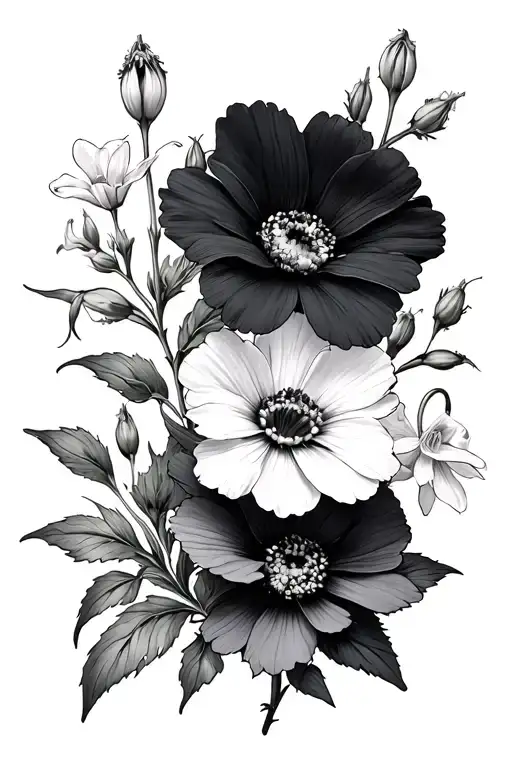 evening primrose, honey suckle, larkspur, marigold, snowdrop flowers intertwined tattoo design idea