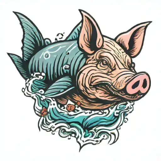 pig in a viel holding a shark's fin emerging from the water tattoo design idea