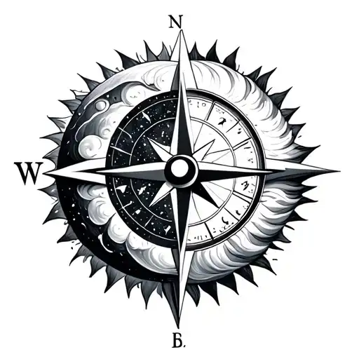 Sun moon compass wave tattoo design idea