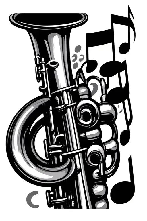 clarinet with music notes emerging from the trumpet end tattoo design idea