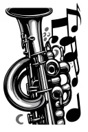 clarinet with music notes emerging from the trumpet end tattoo design idea