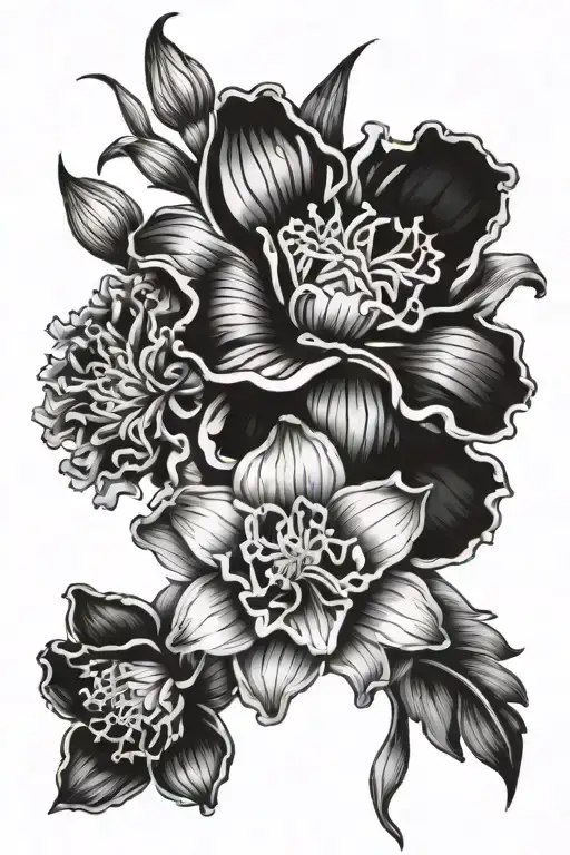 Carnation flower, gladiolus flower, chrysanthemum flower and narcissus flower bouquet  tattoo design idea