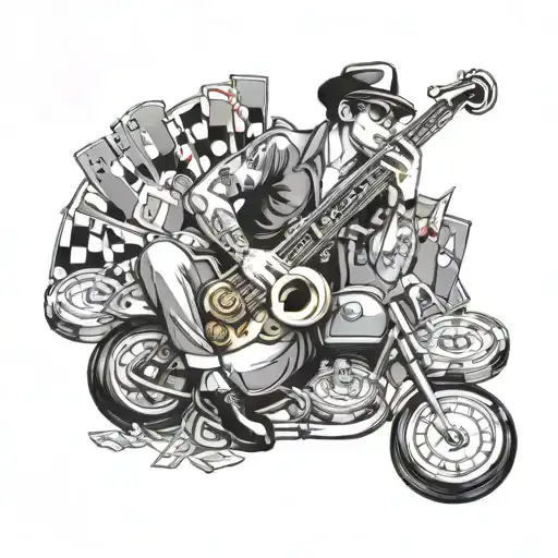 A tattoo design of a sexy saxophone player surrounded by casino chips and luxury cars, combining the client's passions for music, gambling, and cars tattoo design idea
