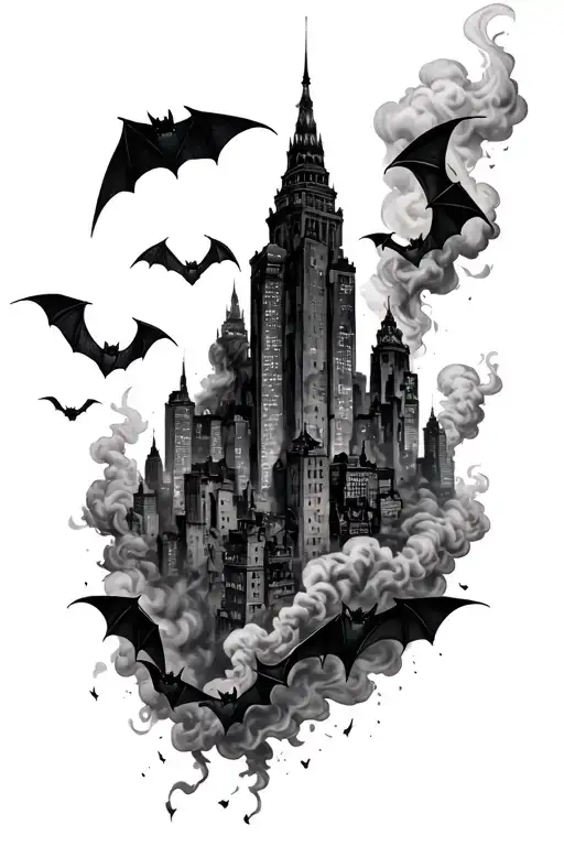 burning depressing city full sleeve tattoo featuring bats and lots of smoke highly detailed tattoo design idea