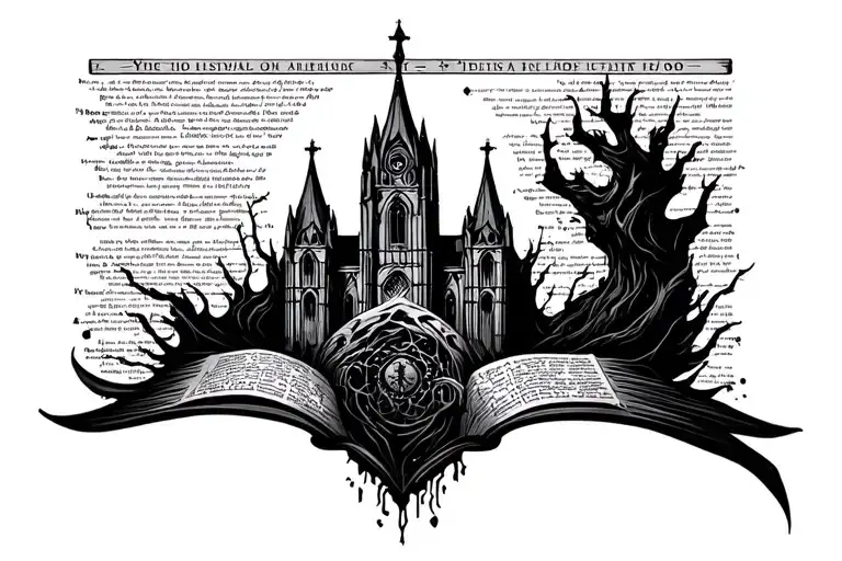 cyber tribal tattoo newspaper text and cathedral surrounded by dark figures trippy tattoo design idea
