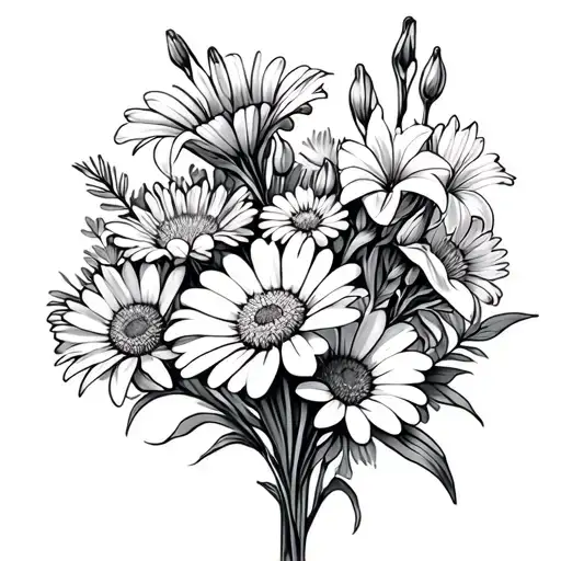 bouquet with daisies, gladiolus flower, and aster flowers tattoo design idea