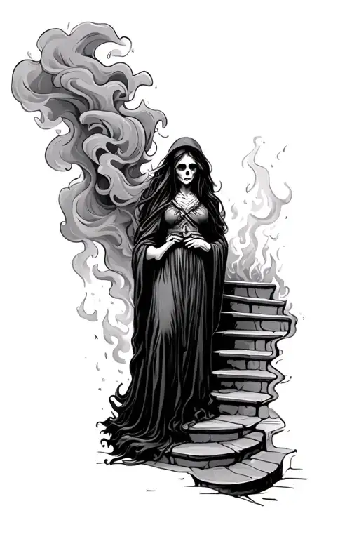 death, stair way, hell, smoke, fire, girl tattoo design idea