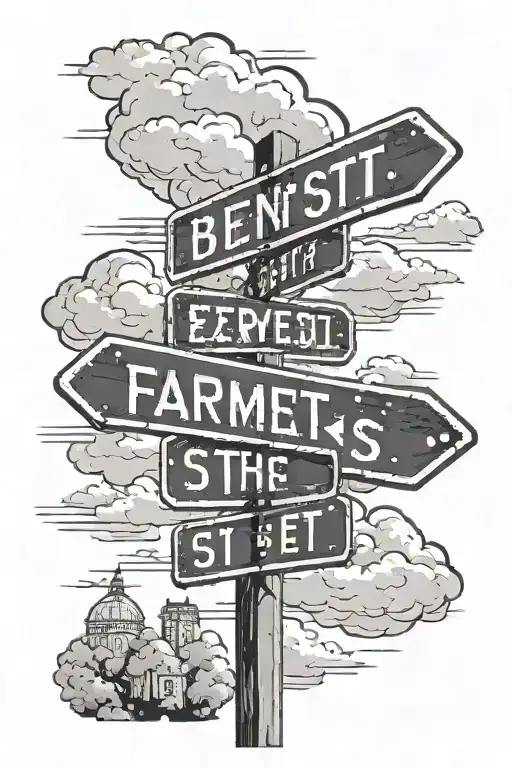 street sign that says "Brent St." and "Farmers St." with a small town skyline and the numbers 71639 with clouds and star tattoo design idea