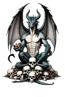 WINGED AND HORNED DEVIL DRAGON WITH SKULL IN HAND SITTING ON A PILE OF SKULLS tattoo design idea