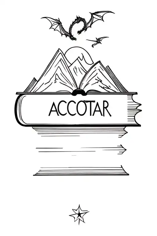stack 2 books 3rd book open, add ACOTAR moutain and star coming out of book with 2 small dragons flying. line work.  tattoo design idea