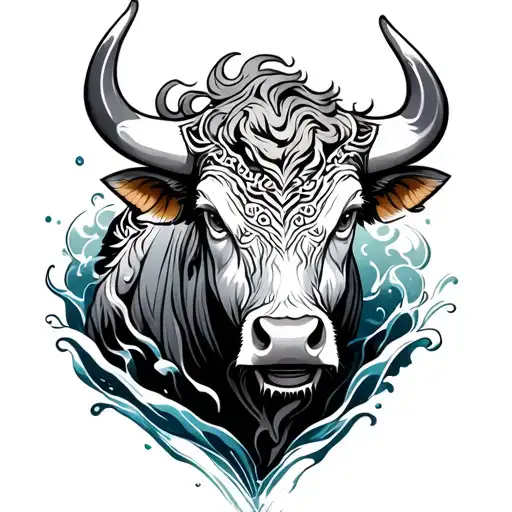 cetic bull with japanese water flowing tattoo design idea
