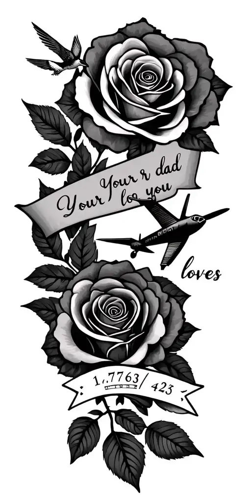 line work, geometric, minimalist, spiritual, airplane, roses, hummingbird, strength, “your dad loves you”, 1/7/63-4/1/25 tattoo design idea